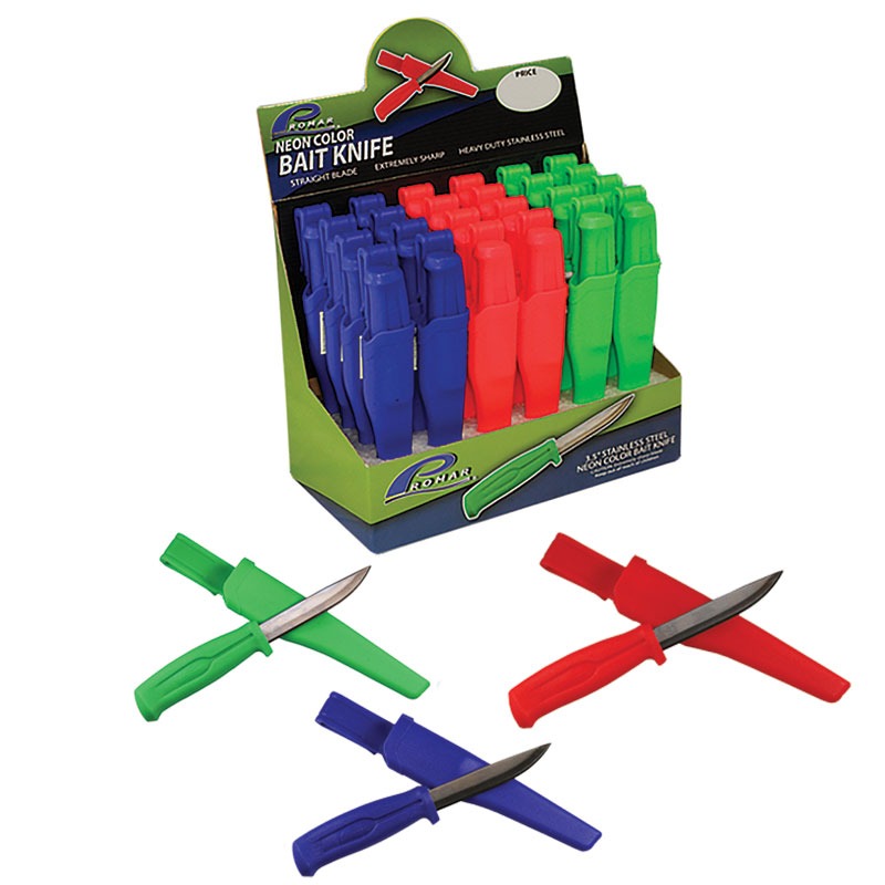 Promar 24 Piece NEON Color Bait Knife Display Set - 4" Stainless Steel Knife w/Sheath
