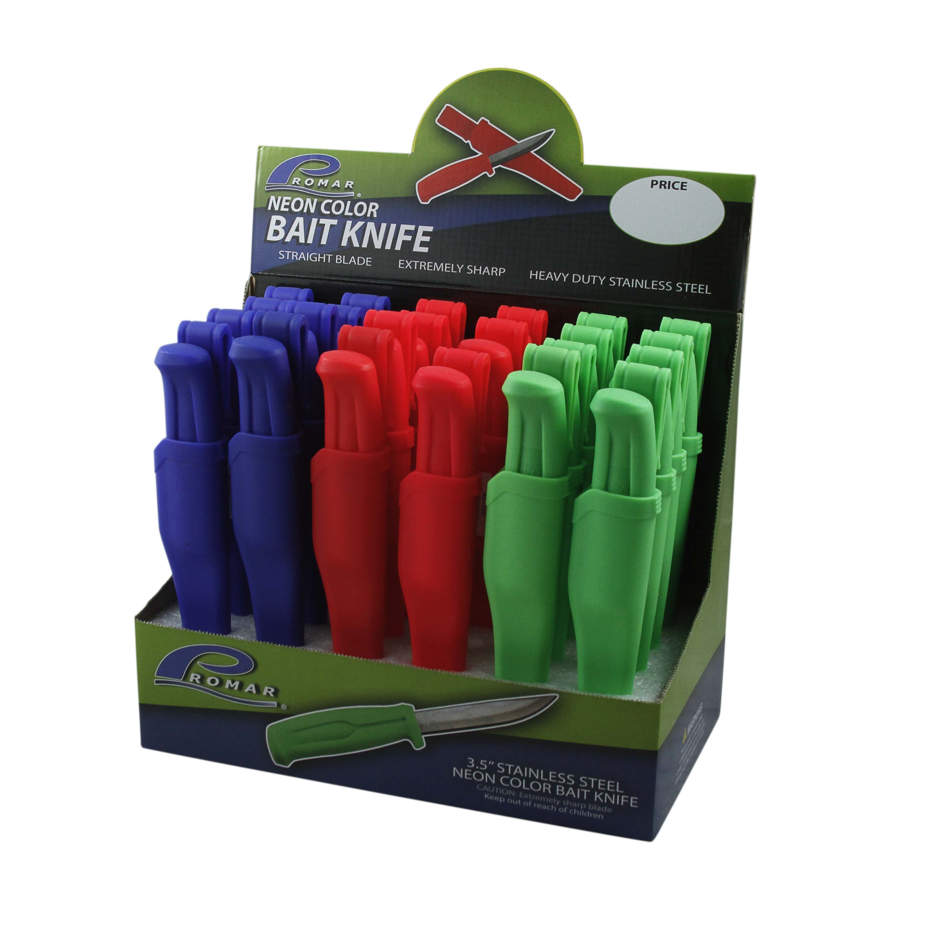 Promar 24 Piece NEON Color Bait Knife Display Set - 4" Stainless Steel Knife w/Sheath